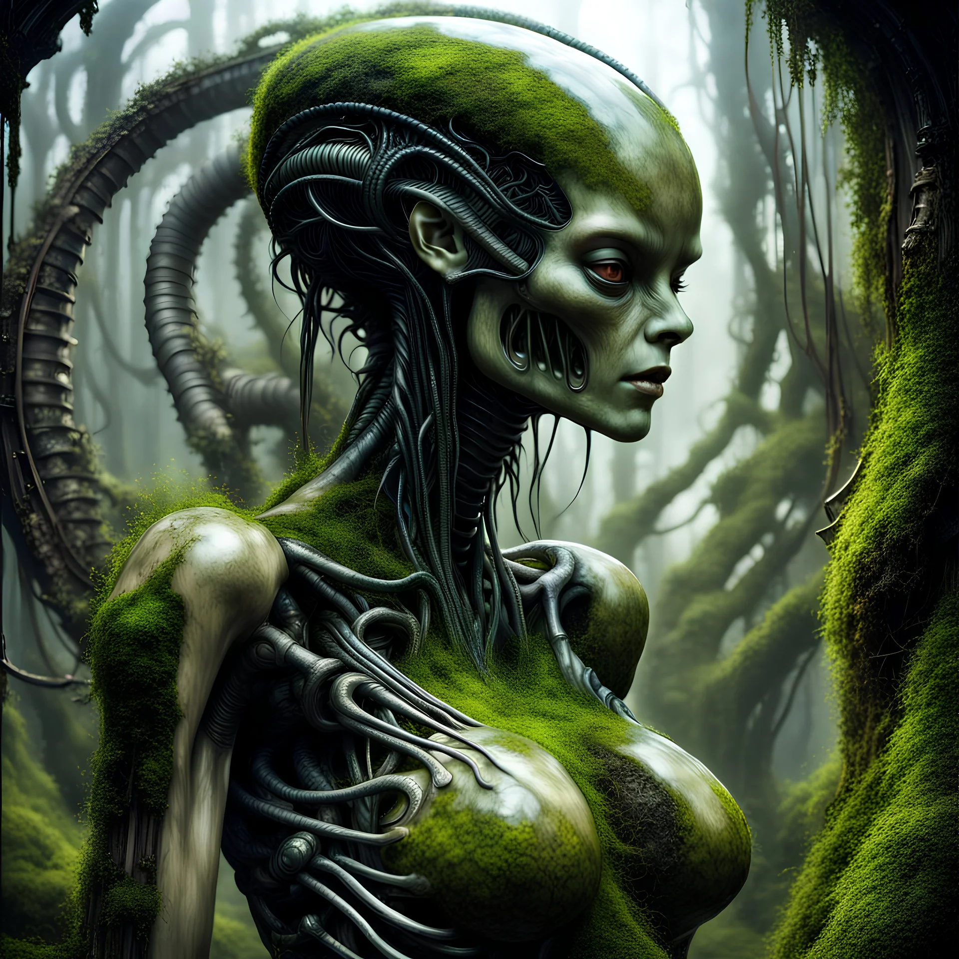human female body xenomorph overgrown with moss, art peter Gric earl Norem Hajime Sorayama and Giger, steampunk, dieselpunk, detailed, complicated, photorealistic, 8k,