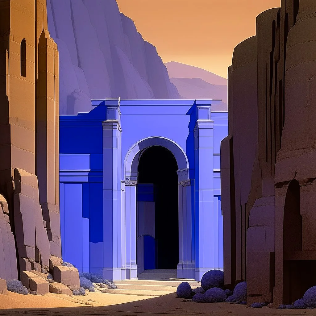 A violet Eastern temple near a gorge with portals painted by Lyonel Charles Feininger