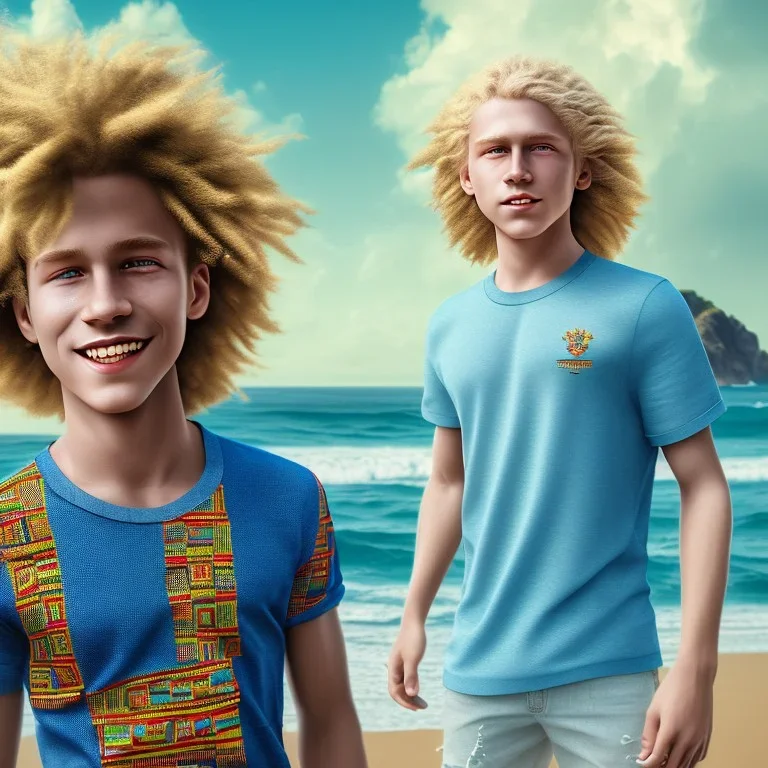 kente scene, thread, embroidery, octane render, high detail, full body image of a beautiful 12 year old boy with long, blonde curly hair and light blue eyes, smiling, shirtless, in front of an distant beach