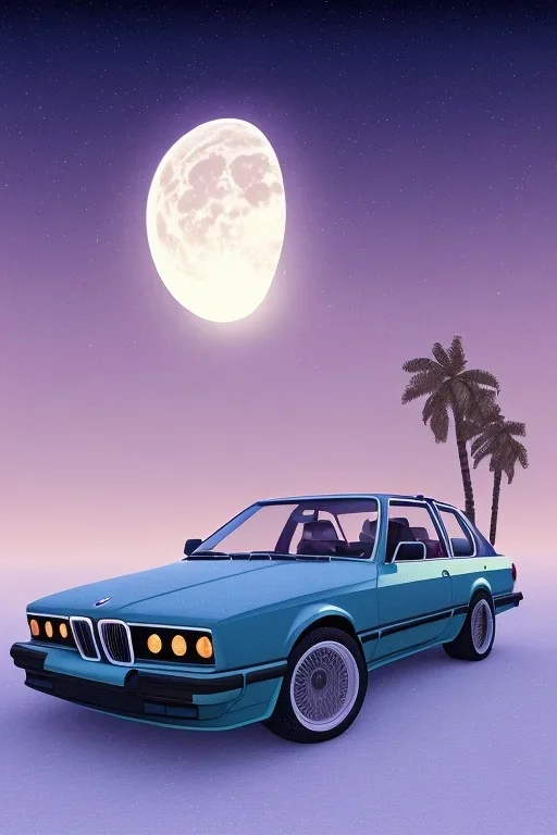 1980's aesthetic vaporwave palm trees with lighting with moon with bmw in the winter snow