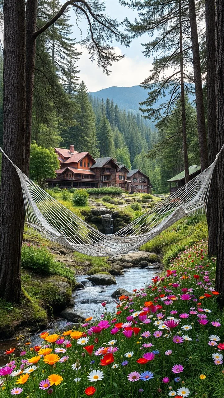 A houses and building city in side Hammock in the wood above a water stream and a flowers field
