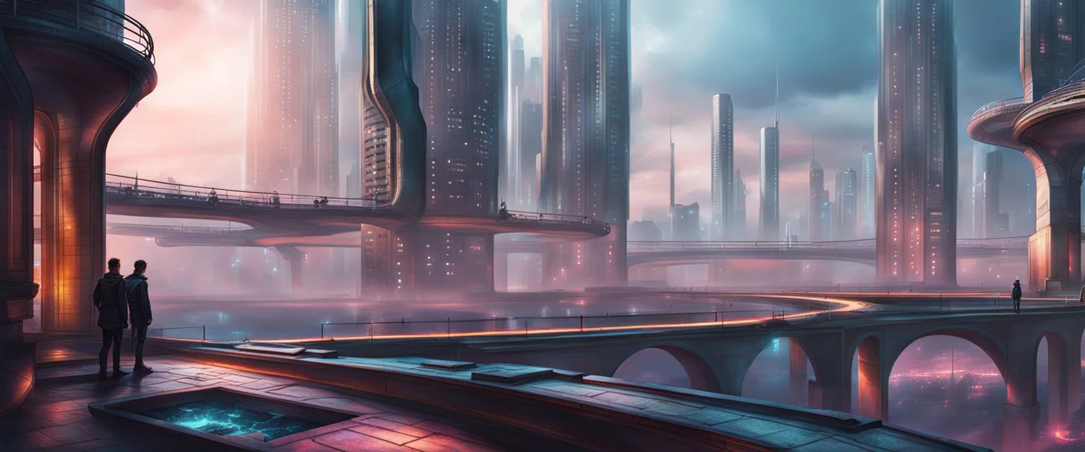 Beançon city view in fantasy cyberpunk style