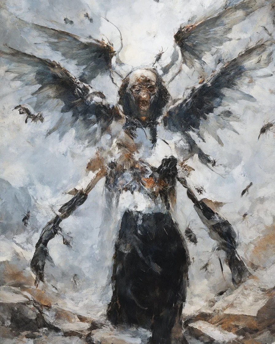 horror, swarming mechanical robotic insects, screaming woman, broken wings