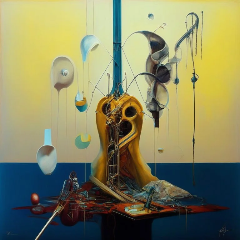 Abstract painting formed by a mix of human flesh-like surgical instruments and universe-like neuralink,strange musical instruments,minimalism,Painting By Adrian Ghenie, Rene Magritte, Salvador Dali, Lucian Freud