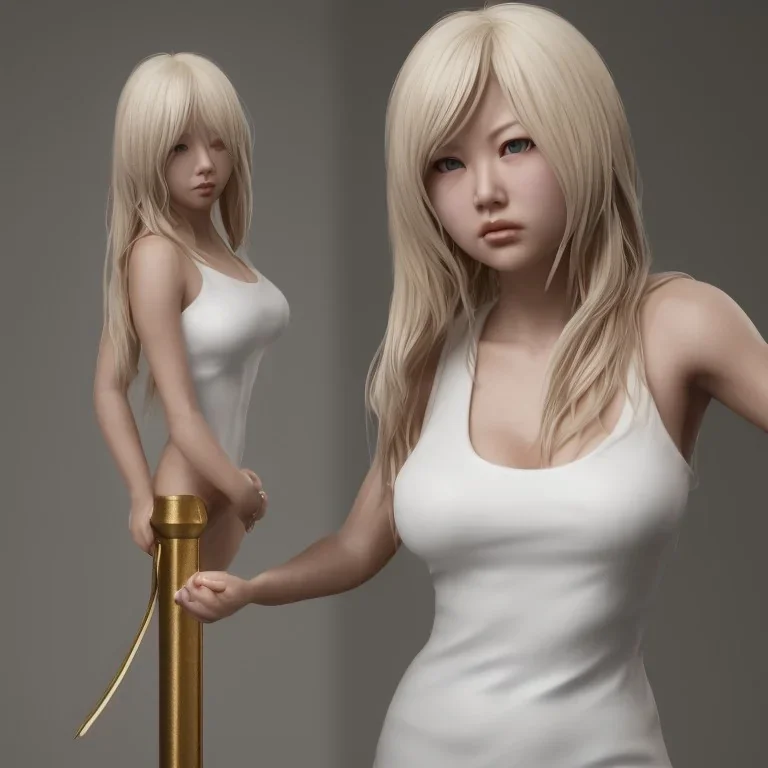 hitomi tanaka, white dress, highly realistic, highly detailed, golden statue,