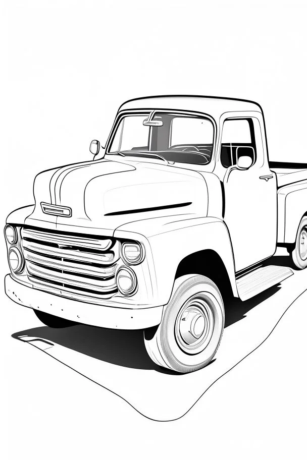 A pickup truck, simple outline, monochrome, coloring page style