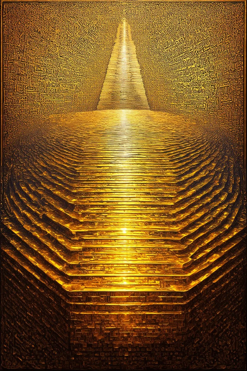 "Cymatics meets ancient architecture" is an artwork showing that at 220Hz, the ripple tank glows with golden light as a crystal lattice forms, a square-shaped pattern with 3D depth, its edges stepping down like a ziggurat; Modern Celestial Symbolic Art with a golden color palette inspired by Gustav Klimt