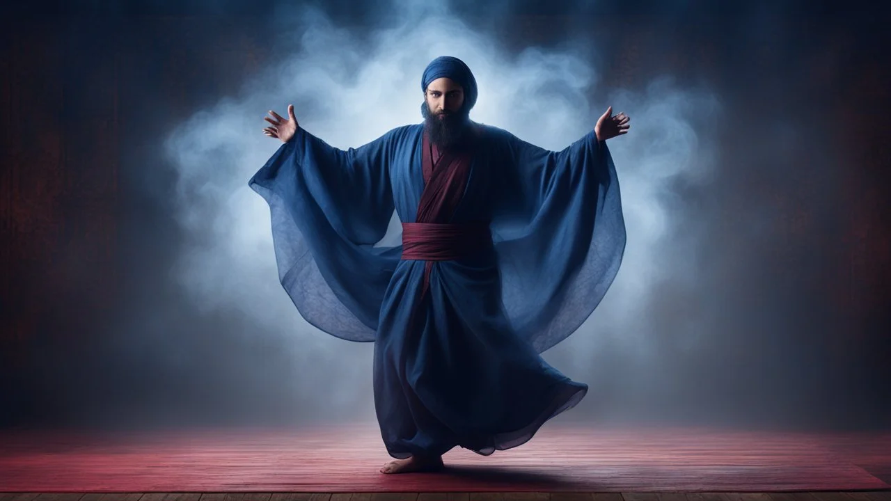 Hyper Realistic Mystical Sufi Dance with navy-blue cloth on maroon dark grungy rustic foggy background at night & Glowing-Islamic-Pattern