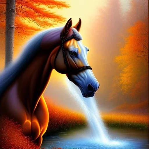  fantasy art, book illustration,portrait of a realistic horse by a dam ,autumn water, colorful, evening