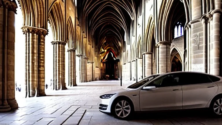 A Tesla's 'Model S Plaid' is parked, inside the Notre-Dame Cathedral, in Paris. CINEMATIC. WIDE ANGLE LENS. PHOTO REAL.