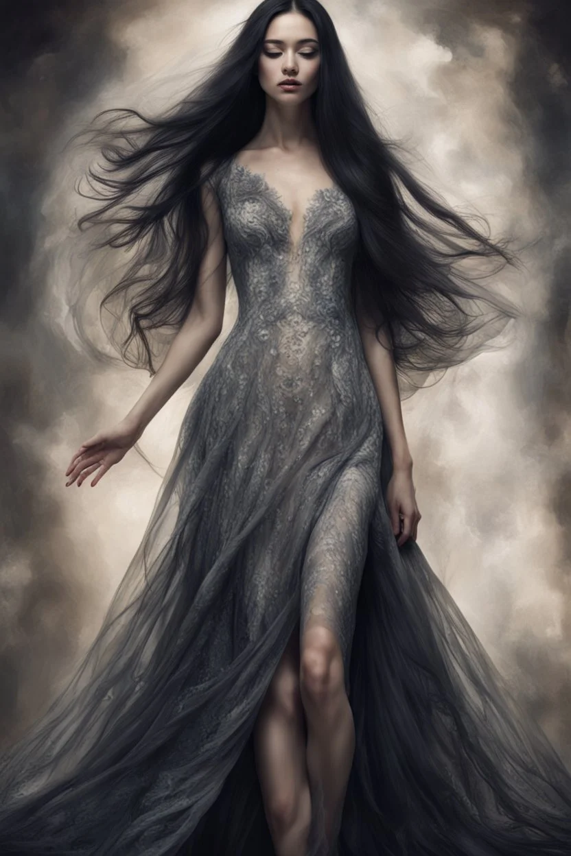 ((Hyperrealistic,hyperdetailed The image, possibly a photograph, captures the skin texture details of a incredible beautiful woman)) in lucid dreaming dress, very long black hair.