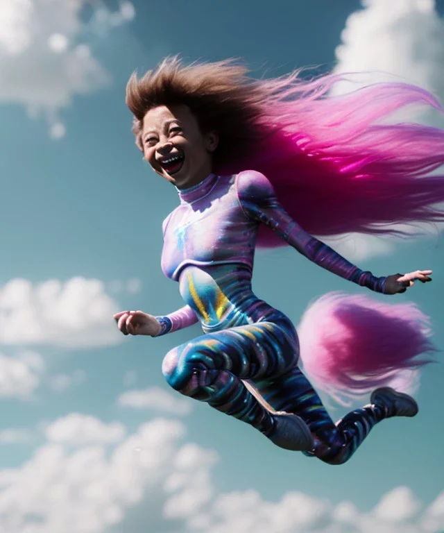 Ultra realistic speed clouds sky scene, wide angle view, sweet childs falling down, inflatable color clothing, free jumping flying, many trinkets, monster hair, hair monster, many jelly beans, balls, smile, happy, circus style, extreme, wind, clouds sea, 20,000 feet altitude, stratosphere, soft color, highly detailed, unreal engine 5, ray tracing, RTX, lumen lighting, ultra detail, volumetric lighting, 3d, finely drawn, high definition, high resolution.