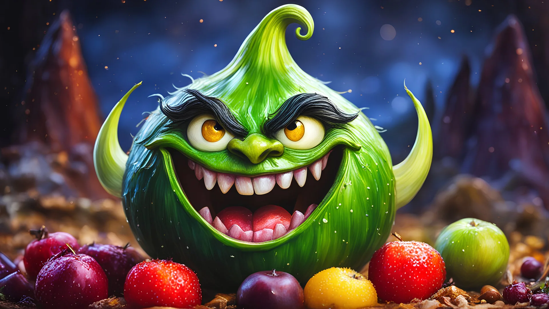 acrylic illustration, acrylic paint, oily sketch, cartoon, evil Onion Mountain,evil smile,,fruit,macro,head shot . 35mm photograph, film, bokeh, professional, 4k, highly detailed