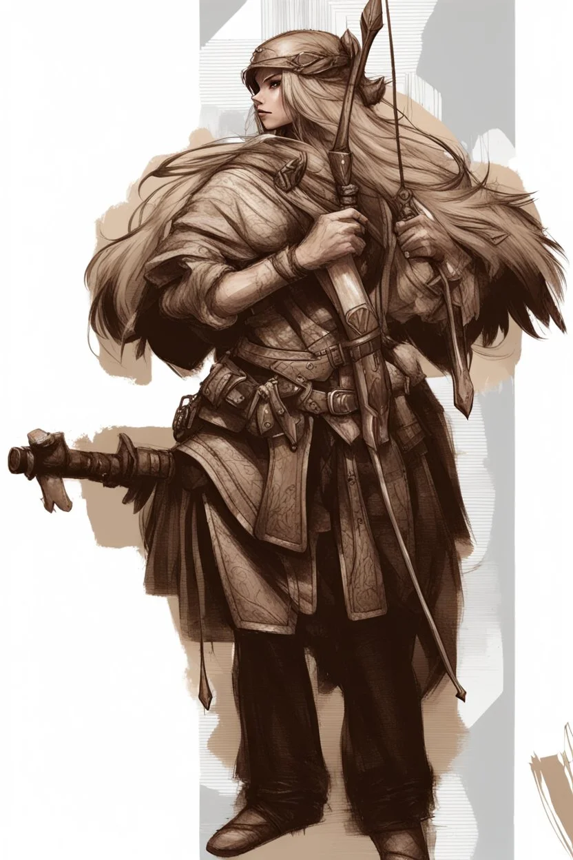 Girl Archer concept art, full body, sketch, coll style, bow