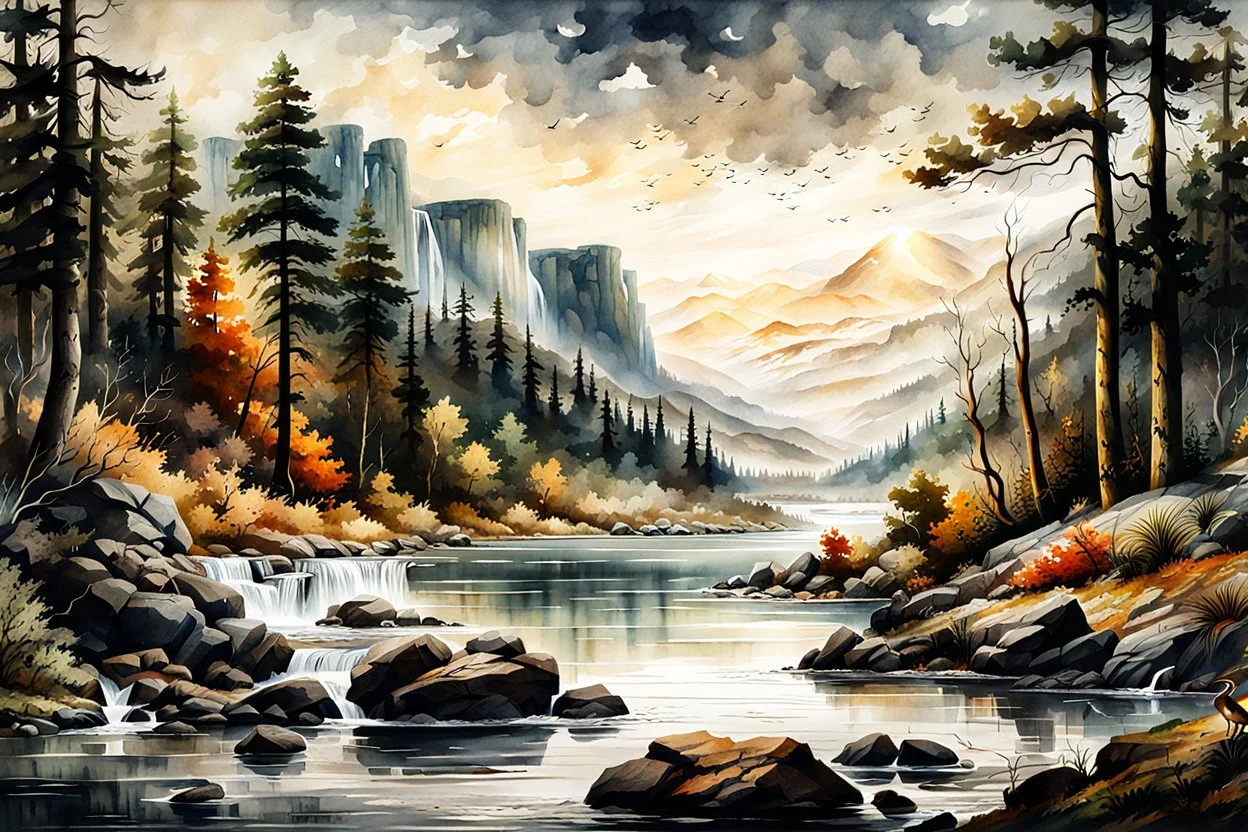 museum quality watercolor painting of the untamed American wilderness in the style of Karl Bodmer, rendered as an aquatint, with a fine art aesthetic, highly detailed , 8k UHD cinegraphic realism