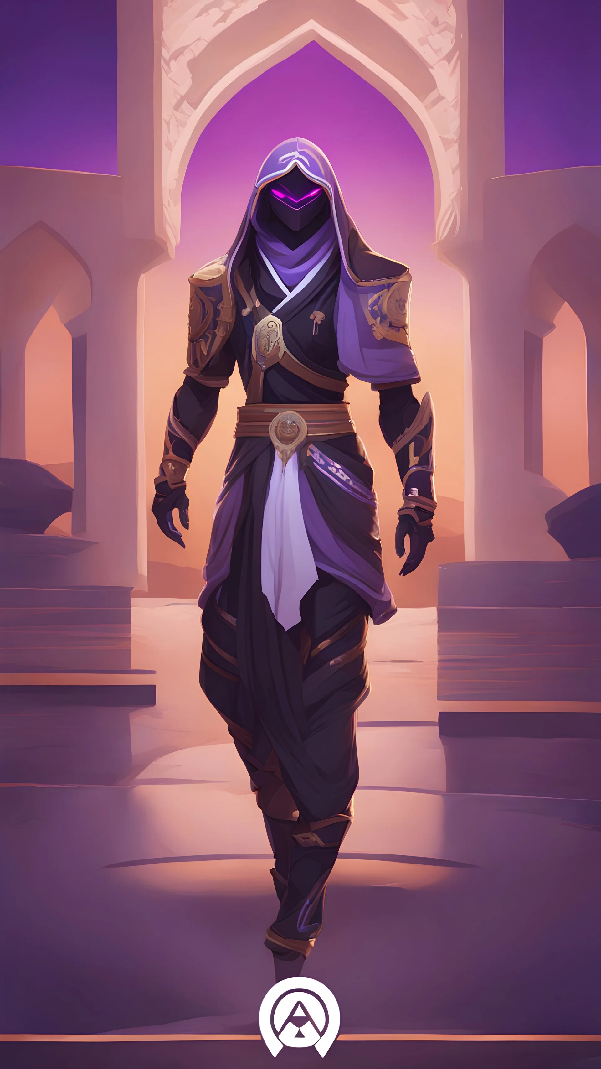 A close picture to Ramattra nemesis form as tank with Arab clothes in overwatch art style with black color and neon purple details in Desert
