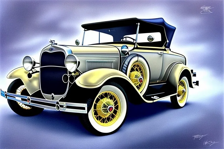 a true-to-life 1930 ford model a phaeton, classic wheels, centered, intricate, extreme detailed, photorealism, center view, suburb background, pivot on ford, pen and color marker, painting by cheryl kelley