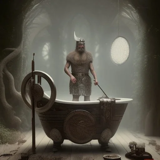 A viking having a bath, scary, steam punk, realistic, made in octane, cinematic, ultra-realistic, extremely detailed octane rendering, 8K, VRAY Super Real ar 2:3, dof photorealistic futuristic 50mm lens hard lighting dark gray tintype photograph, realistic lighting, sepia color