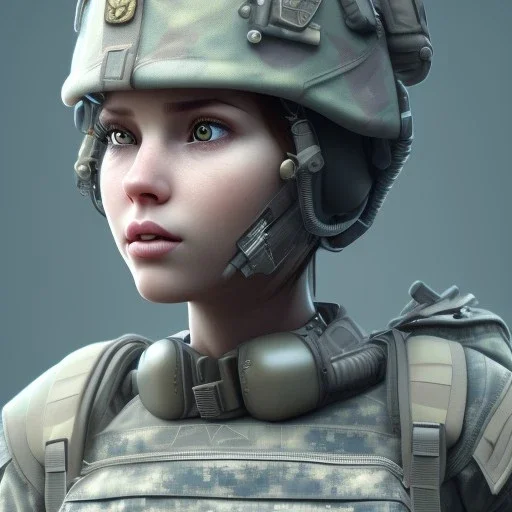 3d female, soldier camouflage BDU, cute big circular reflective eyes, Pixar studio movie style, unreal engine cinematic smooth, intricate detail, cinematic