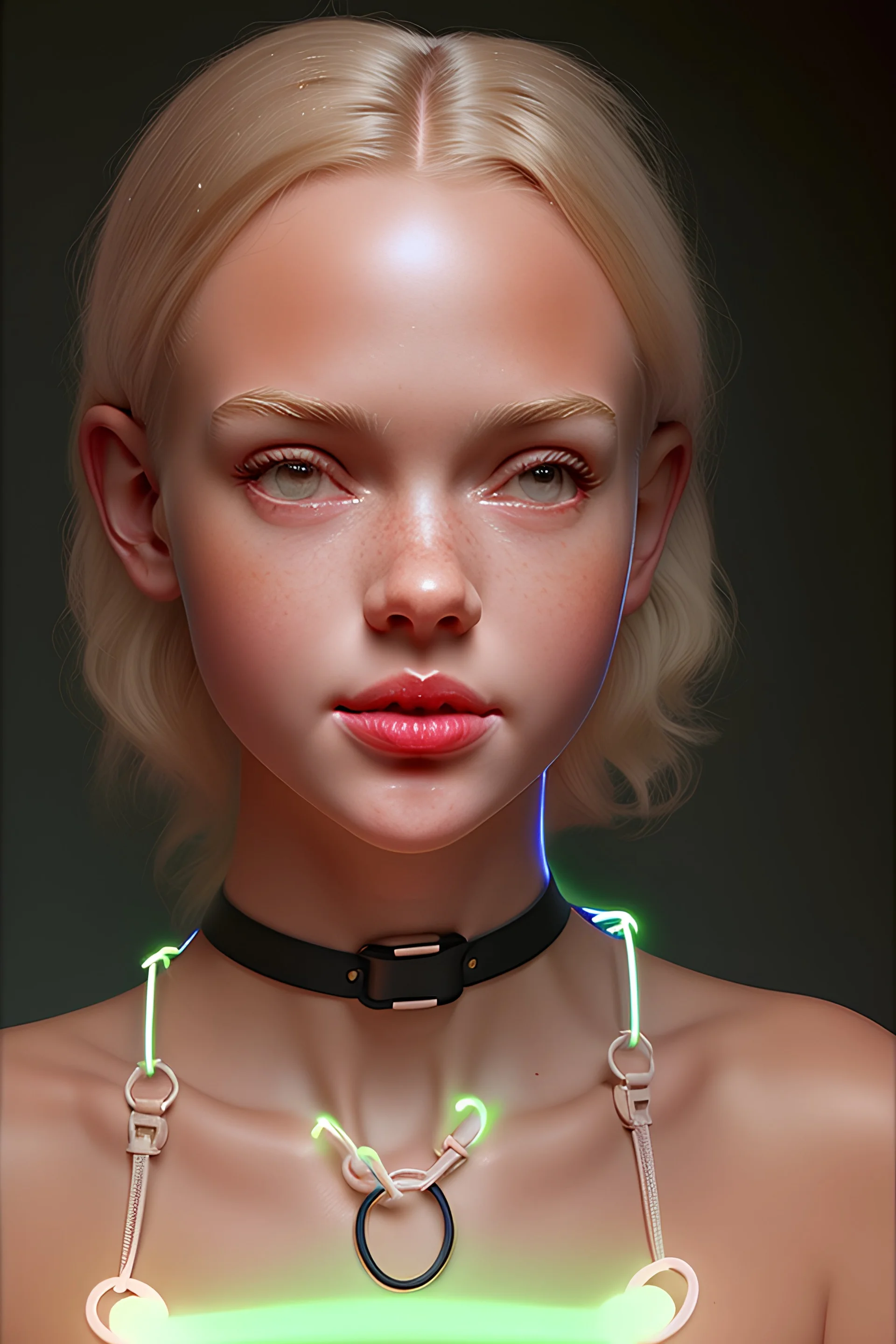 Ultra realistic cg rendering of a Norman Rockwell style illustration of three, black harness bra wearing, glowing neon necklace wearing, nipple illuminating, Pert, thin, nubile, older teen girls with 50s style Sandy blonde hair, pokies, nipples, bare breasts, polka dots and white collars and cuffs