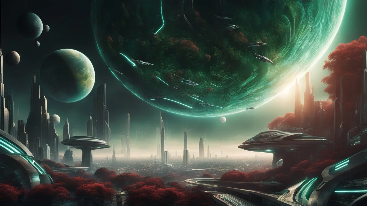 hyper realistic, tron legacy movie, beautiful green planet, space ships and few planets on the left, city of the future with green and dark red trees ,