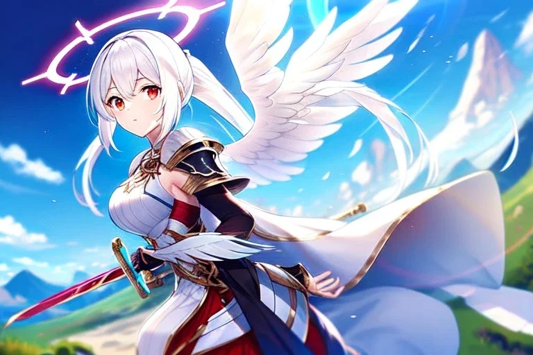 girl, masterpiece, best quality, volumetric lighting, detailed outfit, perfect eyes, long hair, white hair, red eyes, ponytail, armored dress, dynamic pose, halo, white wings, sword, landscape, fisheye, lens flare abuse,