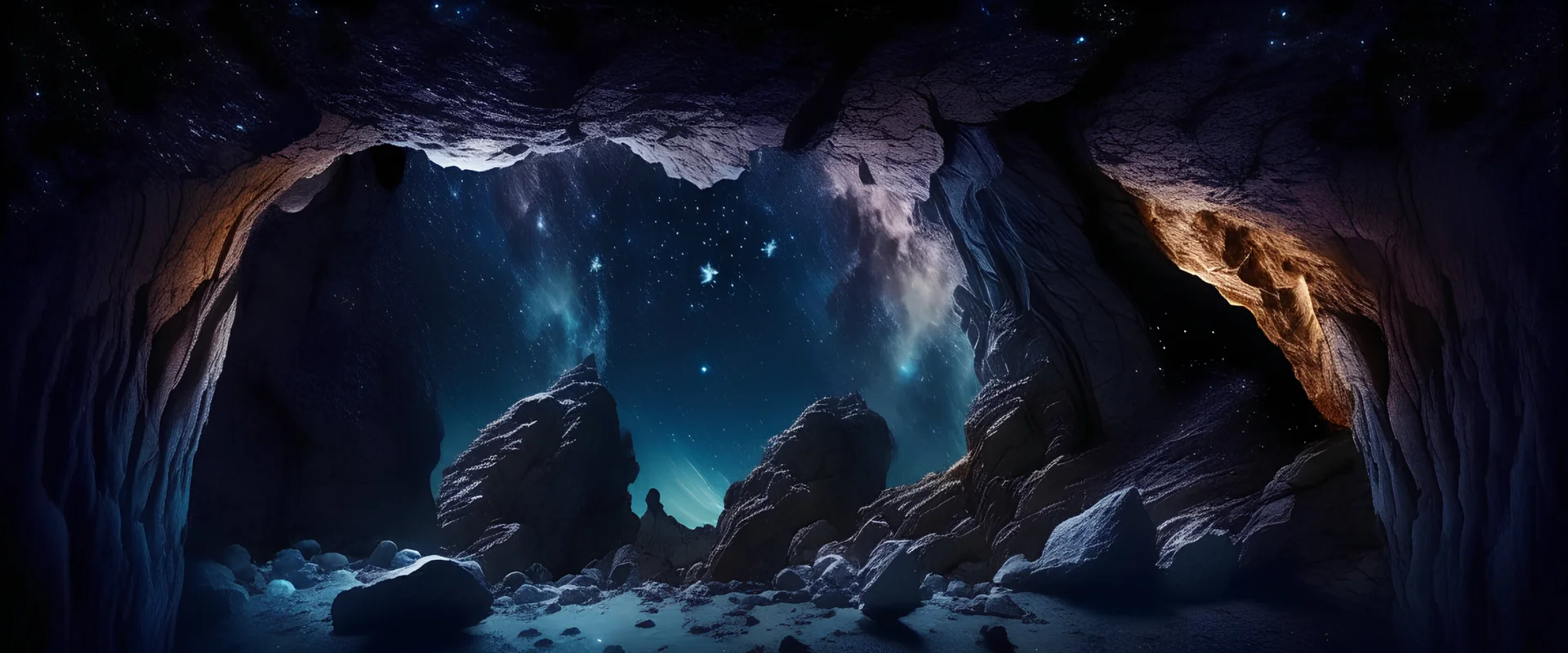 rocky cave . rocky cliff, carved into the rock, galaxy, infinity, space.