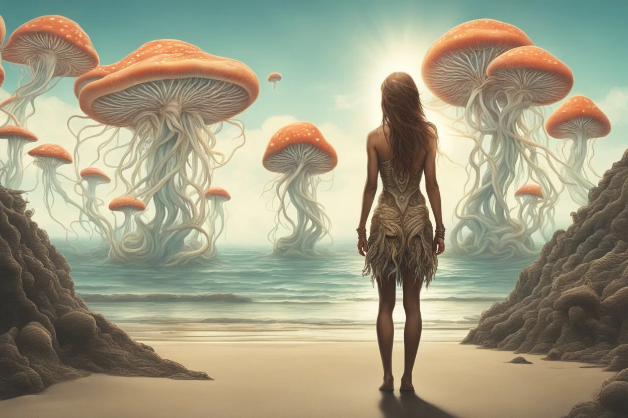 woman in a form-fitting outfit, standing on a beach of an alien world, watching mushrooms with jellyfish tentacles in the sky, photorealistic, Deep Colour, Fantastical, Intricate Detail, sunshine