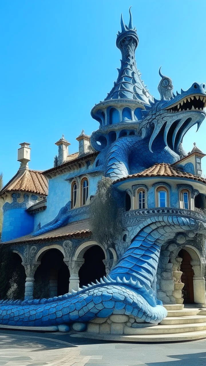 A grayish blue palace with a dragon guarding it painted by Antoni Gaudi