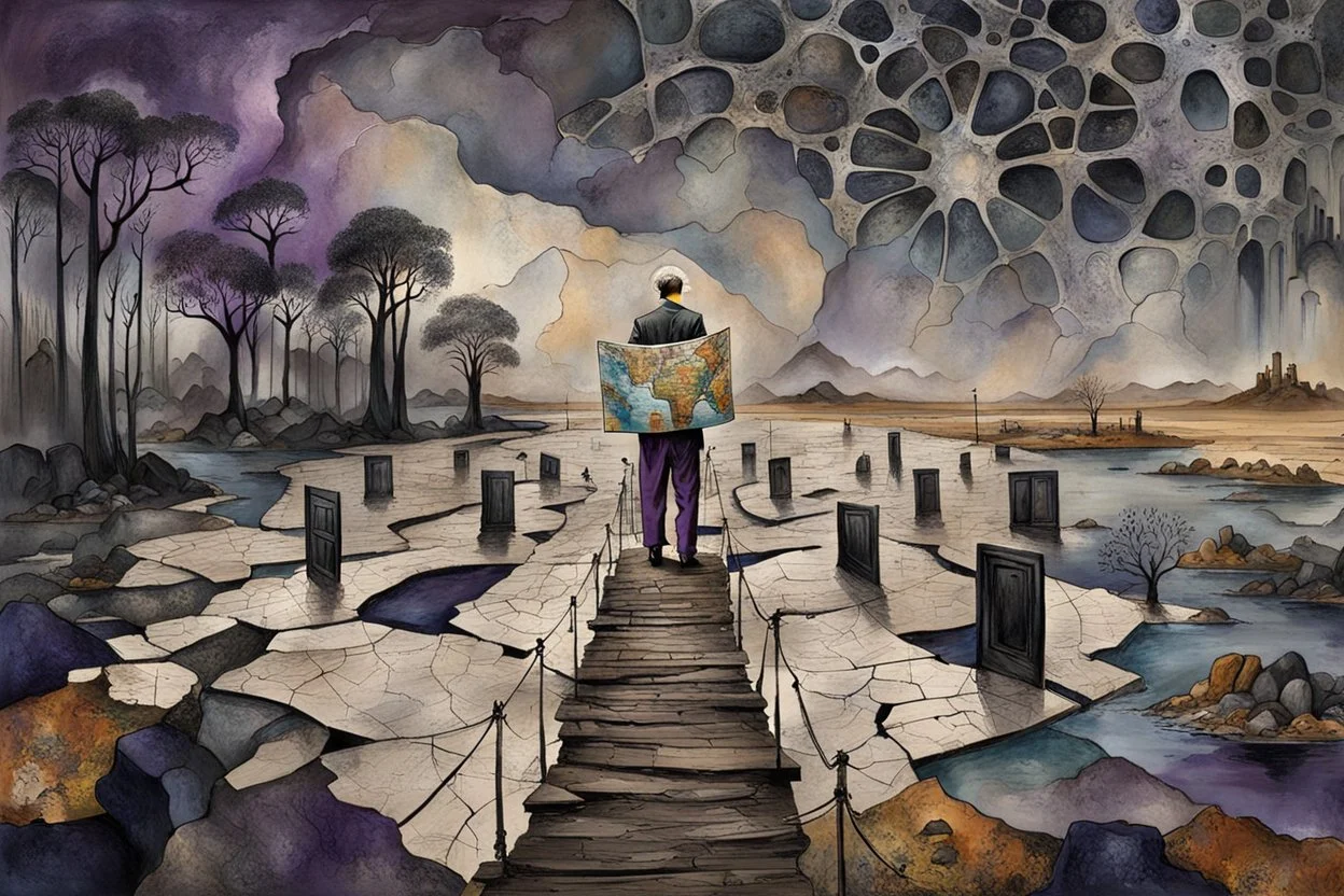 inner world this atypical world, in midle one alone human figure with a big map his hands in weird alternative clothes stands on the thin bridge , weird whimsical landscape, forest, and Sahara water and rocks,, around surreal cracked painted weird land with some black doors. dark purple, gray, black, white, brown. Whimsical style of Chagall , of Minjae Lee and Anton Semenov, lonely with absurd beauty. broken, weird bizarr,e absurd nightmare, neuron network background, surreal vibe