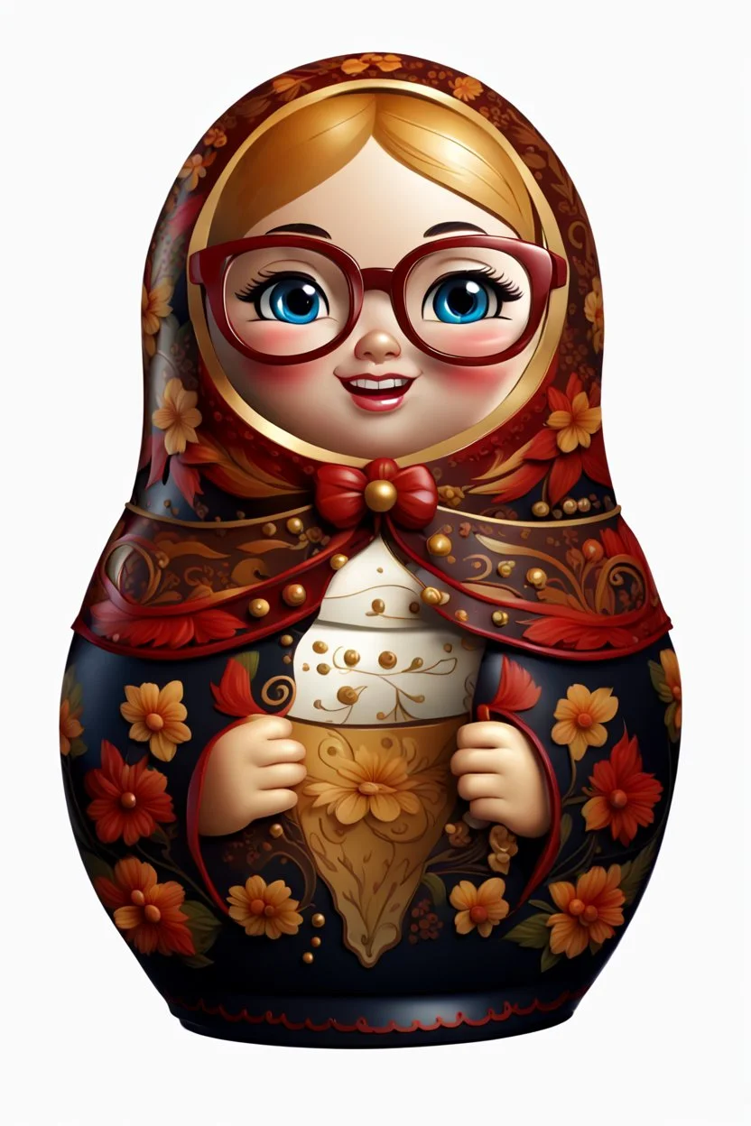 draw a Russian matryoshka doll in the style of Khokhloma, the matryoshka is smiling, the matryoshka has a smartphone in her hands, a frontal angle, a picture on a white background, the matryoshka is drawn entirely, a highly detailed 3d picture