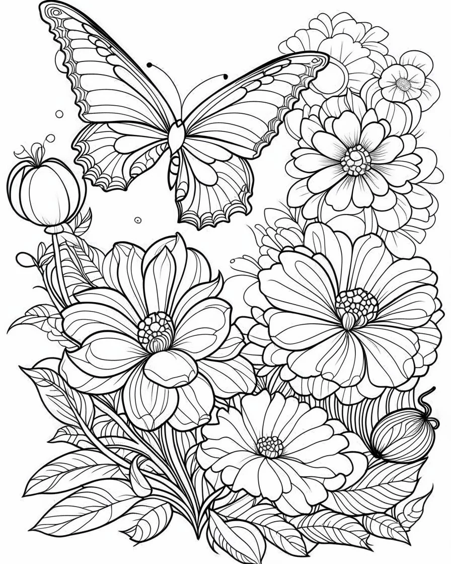 butterfly and flower coloring page for adult