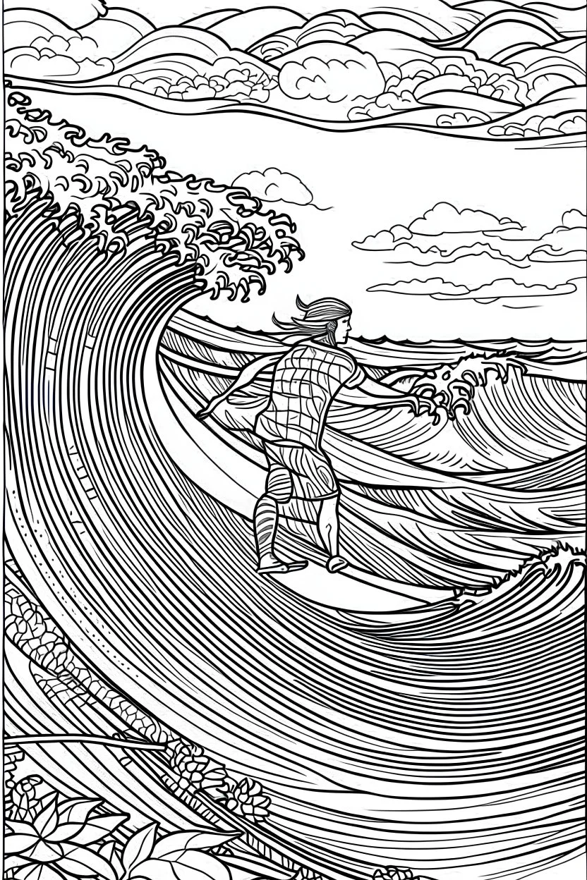 Outline art for coloring page OF A SURFER RIDING A WAVE IN HAWAI, coloring page, white background, Sketch style, only use outline, clean line art, white background, no shadows, no shading, no color, clear