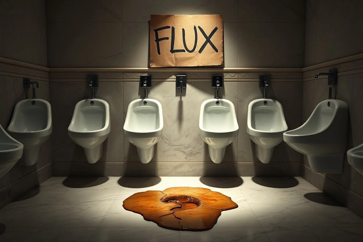 line of fine white porcelain urinals in a nice restaurant men's room with marble floors and walls but one of the urinals is dark brown with a crack and is sprouting brackish water on floor, above the broken urinal is a cardboard sign with written text "FLUX" with a dark shadow casting a pall on it, concept art, hyperreal