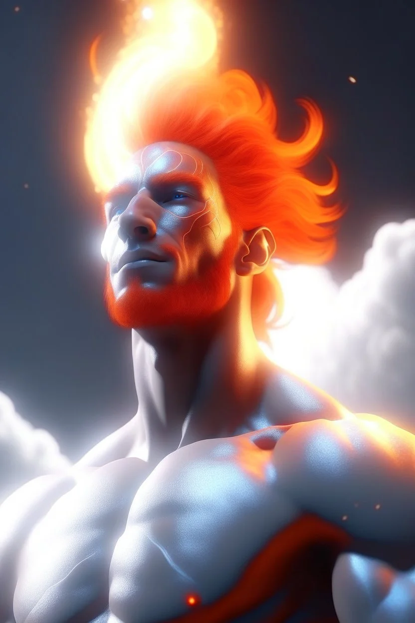 a slim muscular god with galaxy's in his eyes, glowing orange hair that looks like it's made of the sun, a light gray body made of clouds with glowing cracks of orange within it in cloud patterns. realistic 4k