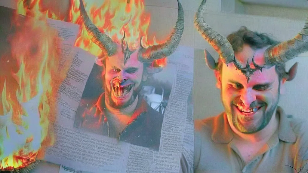 delivery driver with devil horns burns old photos in giant fire