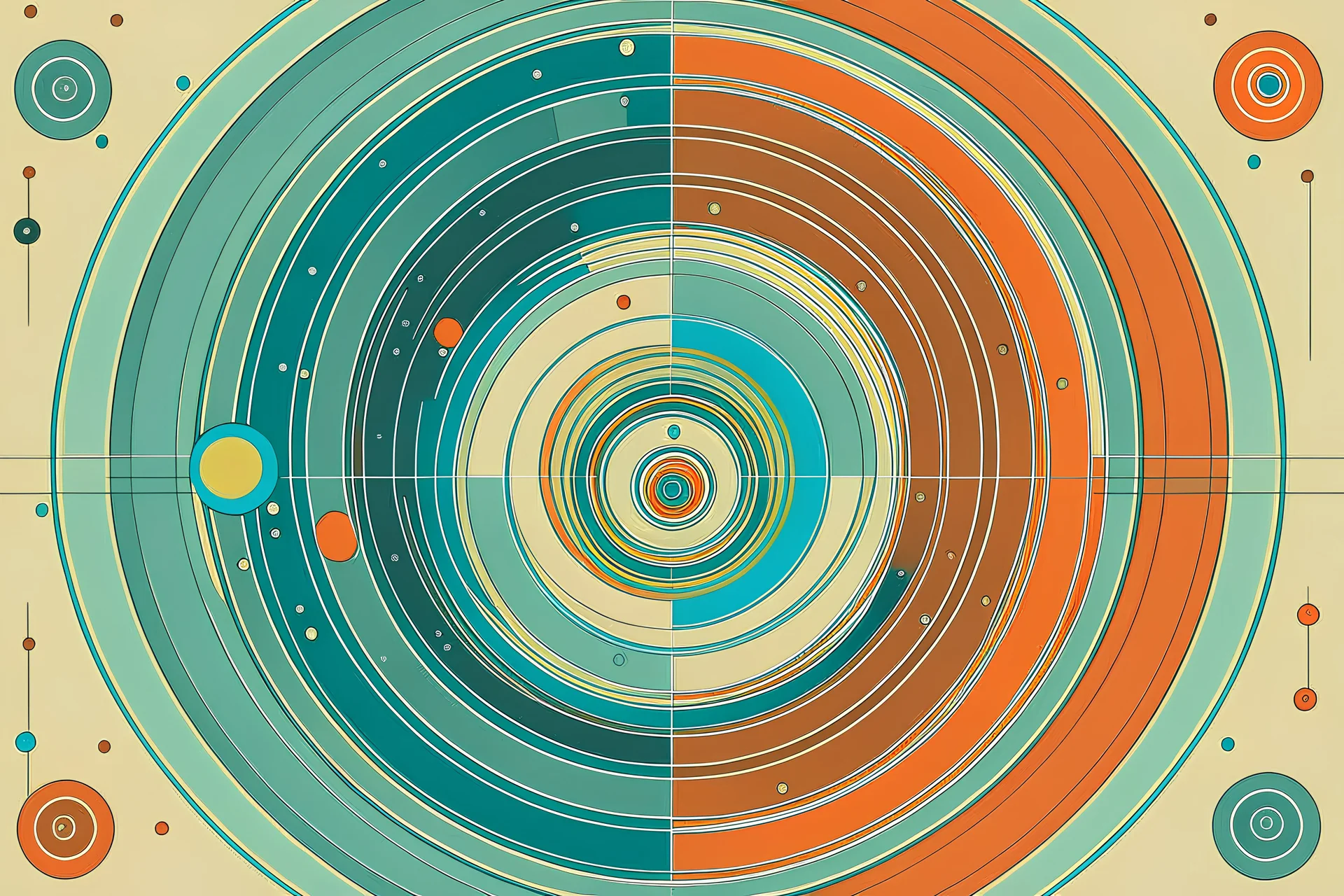 make me a pattern showing circles of different sizes and colors located at different distances from each other and united by a thin line symbolizing the fast delivery of a parcel with cargo to a premium class buyer