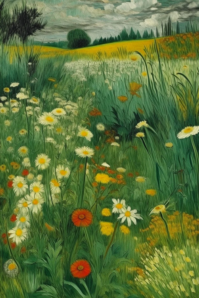 A greenish gray meadow with beautiful flowers painted by Vincent van Gogh