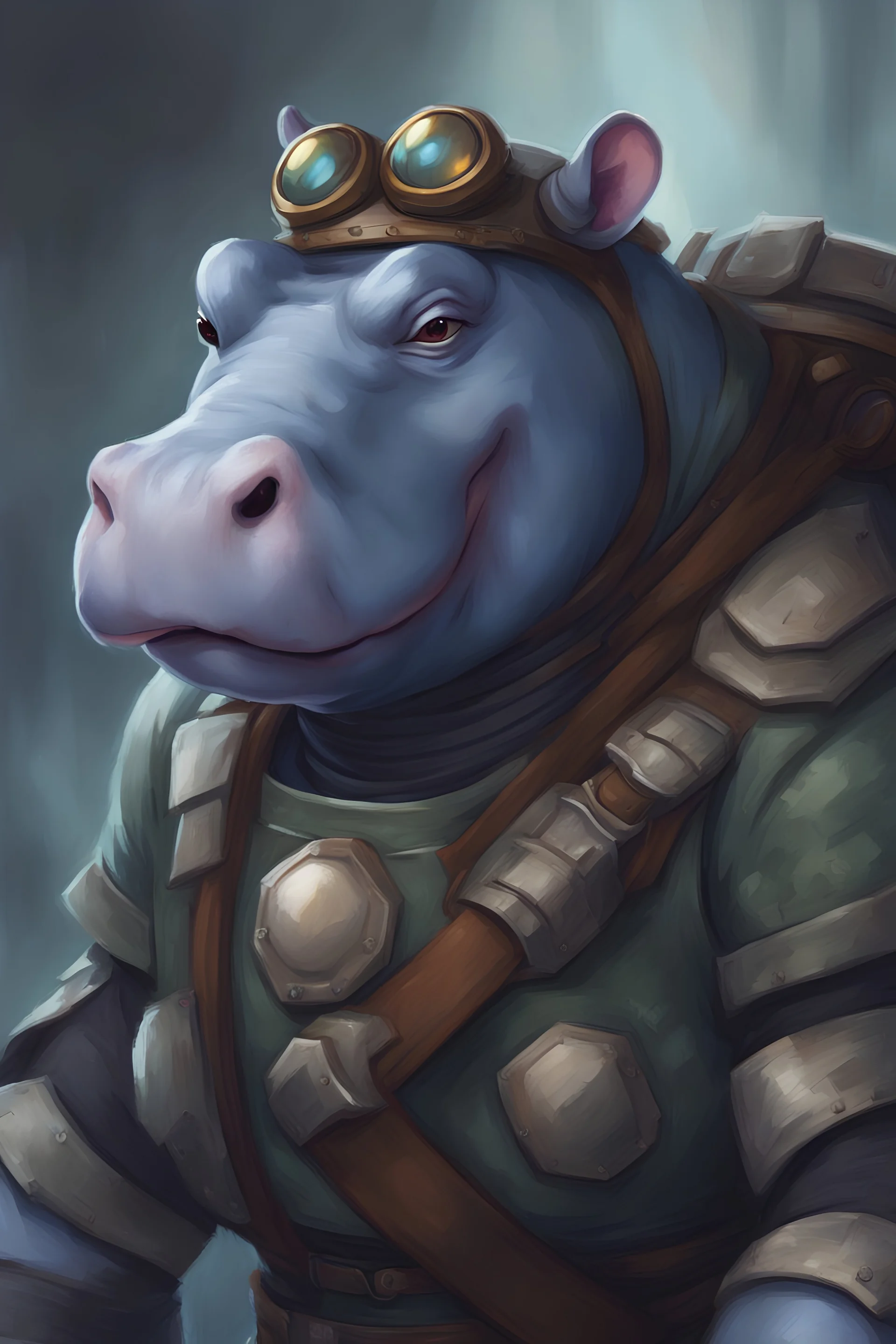 Portrait of a Hippo Rogue for dnd blue gray skin, buzz light year armor