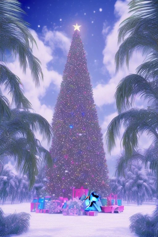 1980's vaporwave aesthetic palm trees in Christmas winter