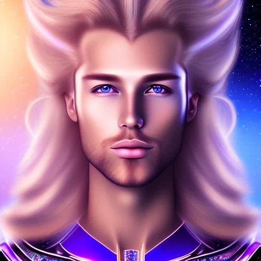 smiling beautifull long hair blond man face with cristal diamond on the forehead , cosmic armor and cosmic purple and blue sky behind