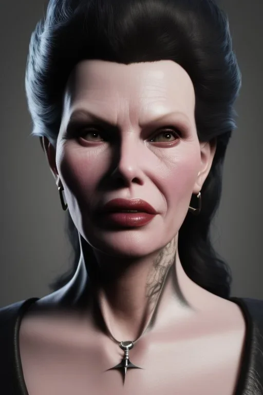 Kim Basinger as evil queen in black leather, busty, cleavage, curvy, angry, happy, stern look. character design by cory loftis, fenghua zhong, ryohei hase, ismail inceoglu and ruan jia. unreal engine 5, artistic lighting, highly detailed, photorealistic, fantasy