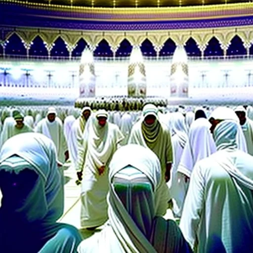 The scene in Mecca: People wearing white Ihram clothes, men without head coverings, women with veils, circumambulating around the Kaaba, and above them are transparent white spirits of children, men, and women with wings revolving around the Kaaba.