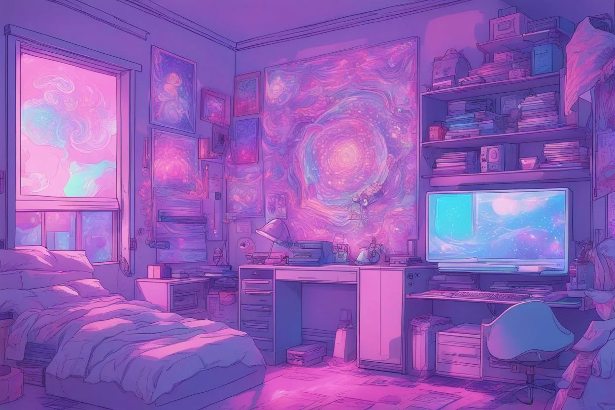 a drawing of the girl's room is adorned with neon and light up posters, in the style of anime aesthetic, webcam photography, studyblr, psychadelic surrealism, ultra detailed, trenchcore, use of screen tones