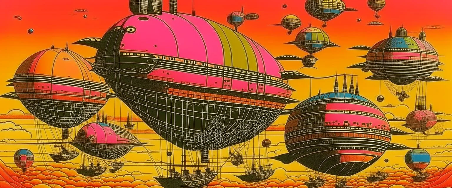 Airships in the pink sky designed in Kuna Molas painted by Wassily Kandinsky