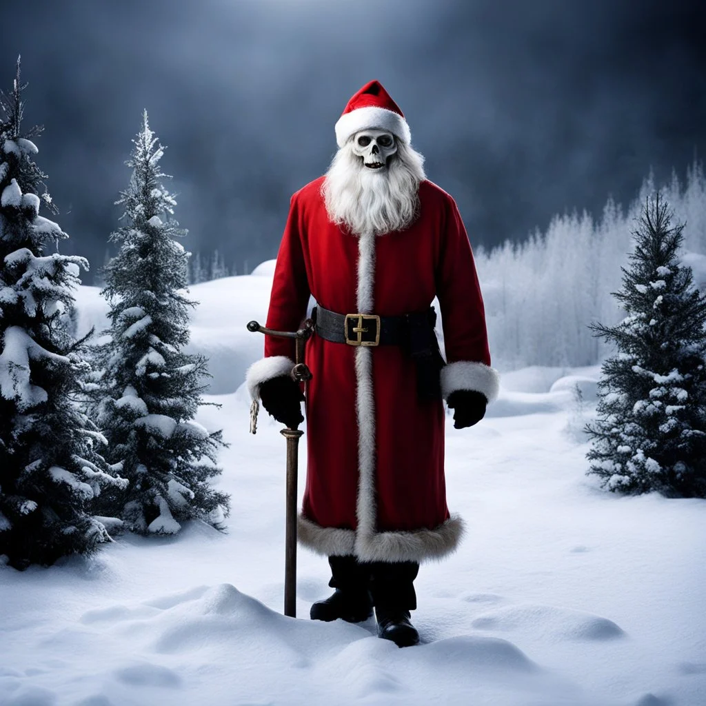 In the style of "Rare Exports: A Christmas Tale," [Finland 2010] we find ourselves in the icy wilderness of Finland, where the cold winds howl through the snow-covered landscape. The skeleton Santa Claus stands tall and eerie, a figure of dread rather than joy, as he navigates the crypt filled with undead carolers, haunted gifts, and a ghostly Christmas tree.