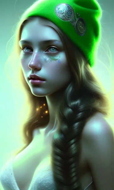 girl, cute, beautiful, long hair, wavy hair, green hair, blue eyes, green beanie, green bra, black tee shirt, head and shoulders portrait, 8k resolution concept art portrait by Greg Rutkowski, Artgerm, WLOP, Alphonse Mucha dynamic lighting hyperdetailed intricately detailed