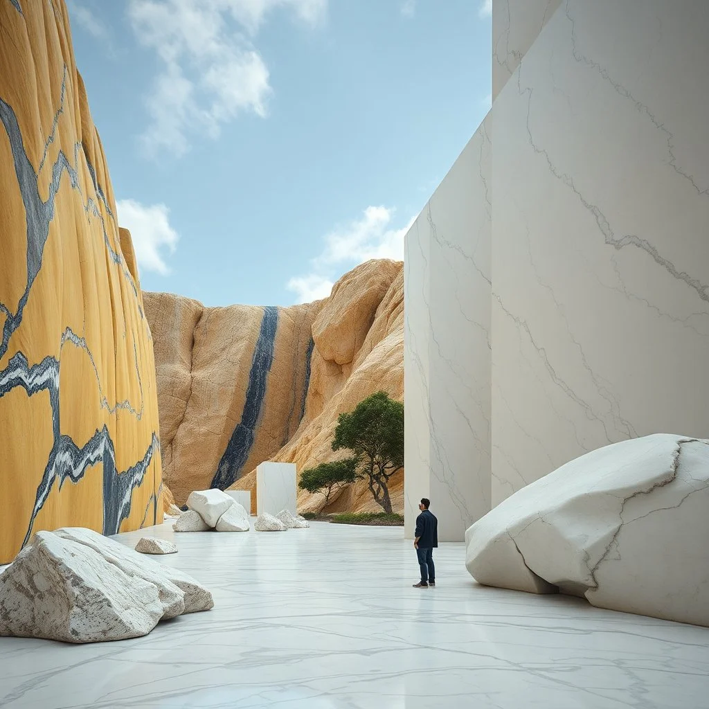 Un'eccezionale immagine di un vasto paesaggio naturale surreale con pareti di marmo giallo e blu scuro, imponenti, accanto a strutture artificiali. Queste strutture sono blocchi rettangolari riflettenti, che creano un contrasto tra il naturale e l'artificiale. Elementi brutalisti enormi si ergono solitari. Persona osserva. bianco con venature e solchi. Alberi. La scena trasmette un senso di dialogo tra elementi organici. Dettagli delle rocce molto accentuati. Ampio pavimento di marmo