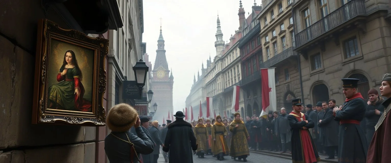 wooden frame, fantasy art, style of Rembrandt,Dead drop discovery: While walking, a party member stumbles upon a small, blood-stained package hidden in a gutter. It contains a coded message to a cult of the Dead Three. 9-10 Parade of the Patriars: A noble's procession blocks the street. The crowd is forced to bow, and guards roughly shove anyone who doesn't move quickly enough.