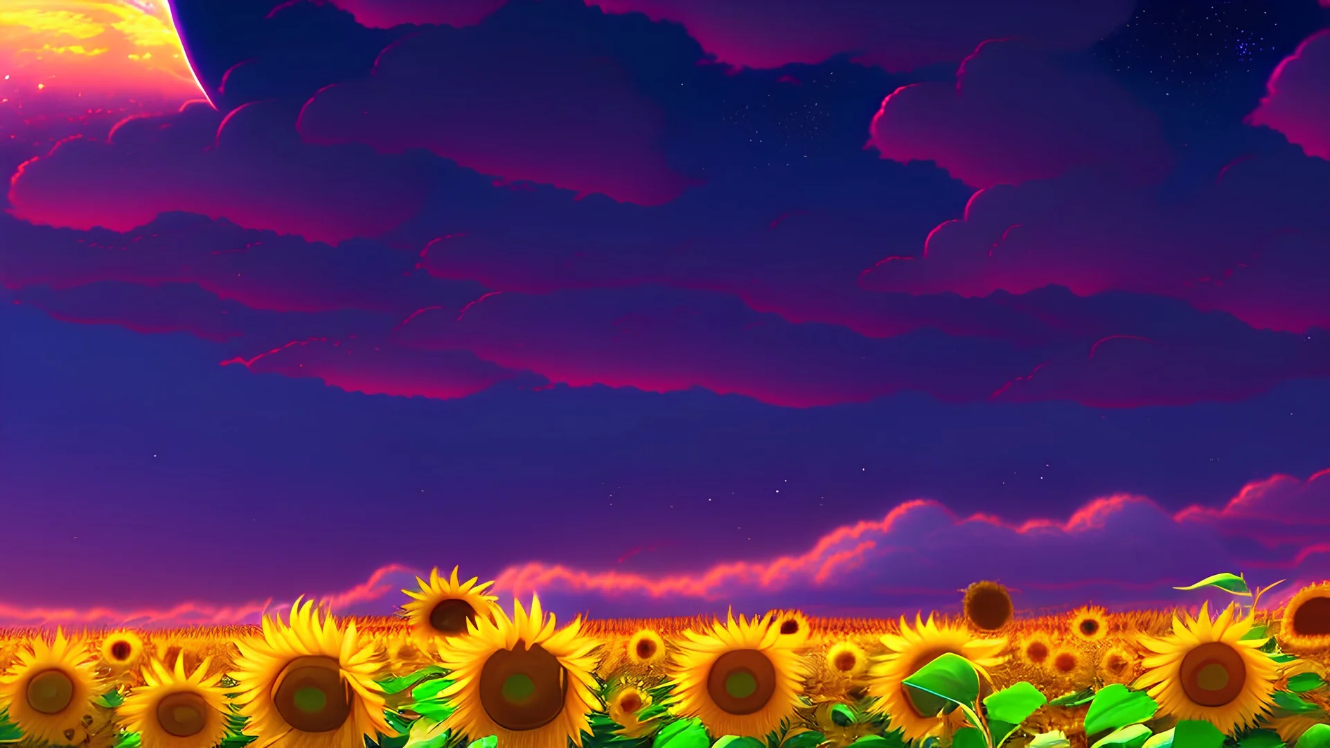 purple sky full of stars, sunflower field, anime, high res, makoto shinkai